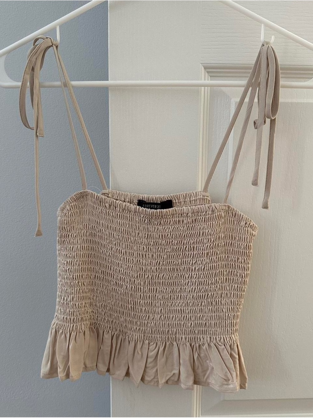Beige Smocked Strapless Ruffle Tube Top